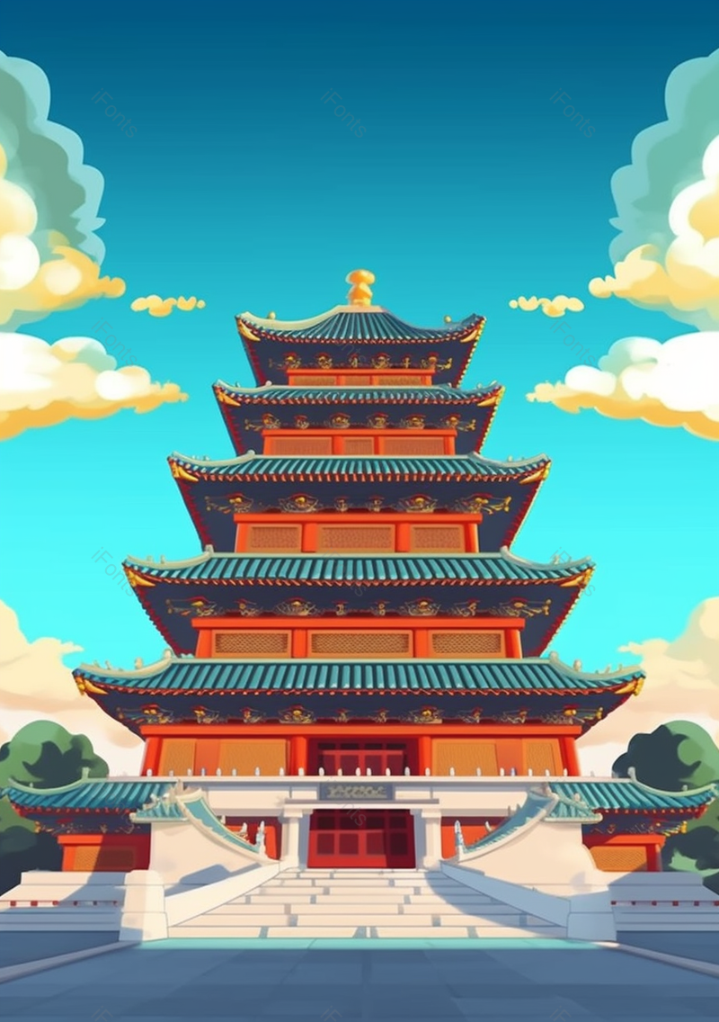 中国古代红漆古代建筑全景插画,插画/手绘图,插画/手绘图库,插画/手绘图下载,插画/手绘